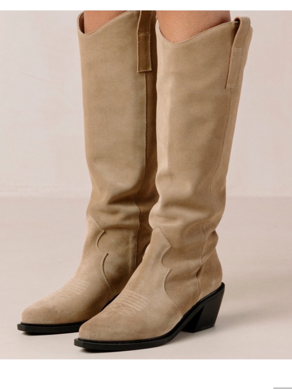 ALOHAS Taupe Suede Knee-High Boots with Black Heel